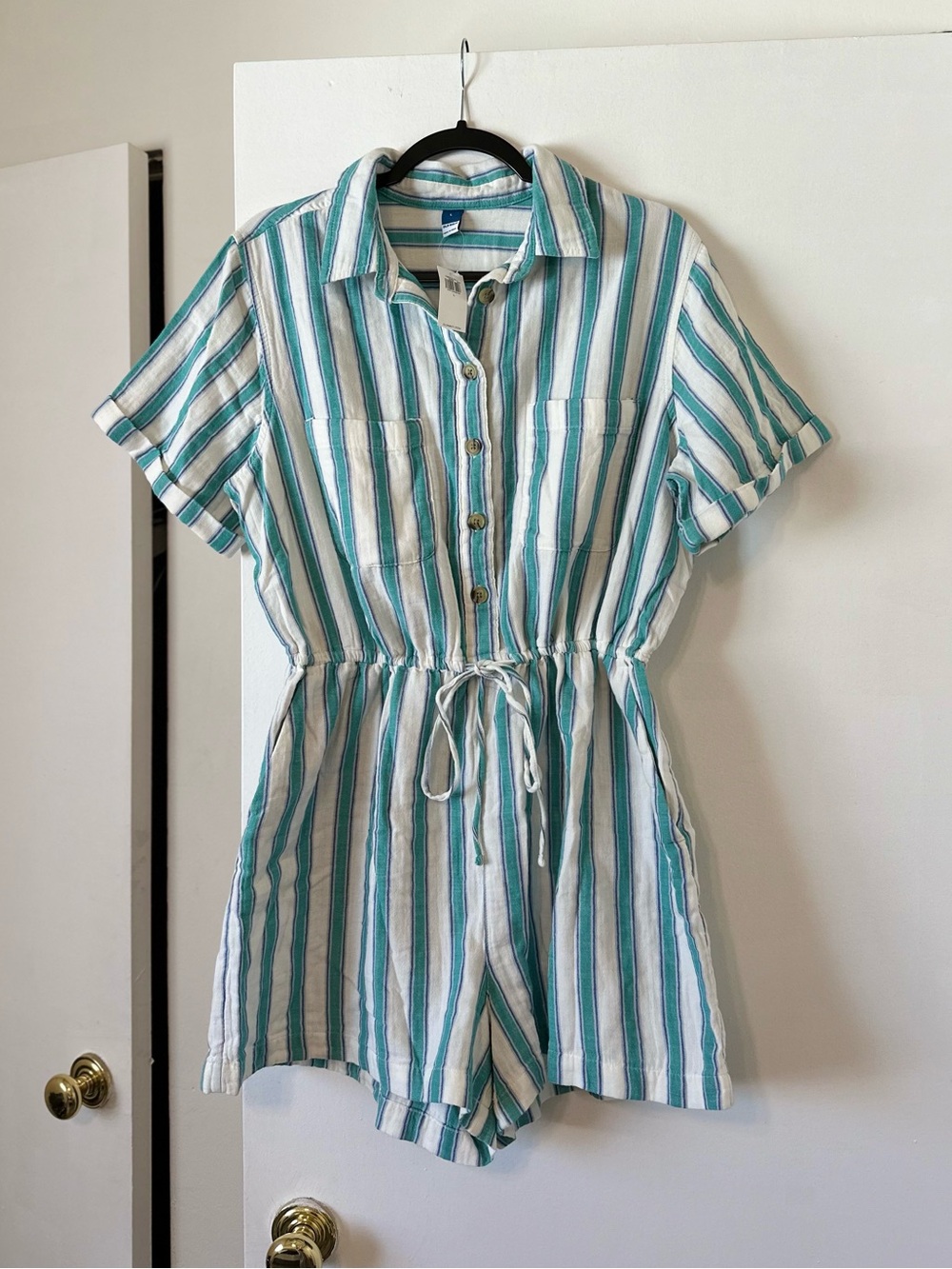 Old Navy Teal and White Striped Button-Front Romper